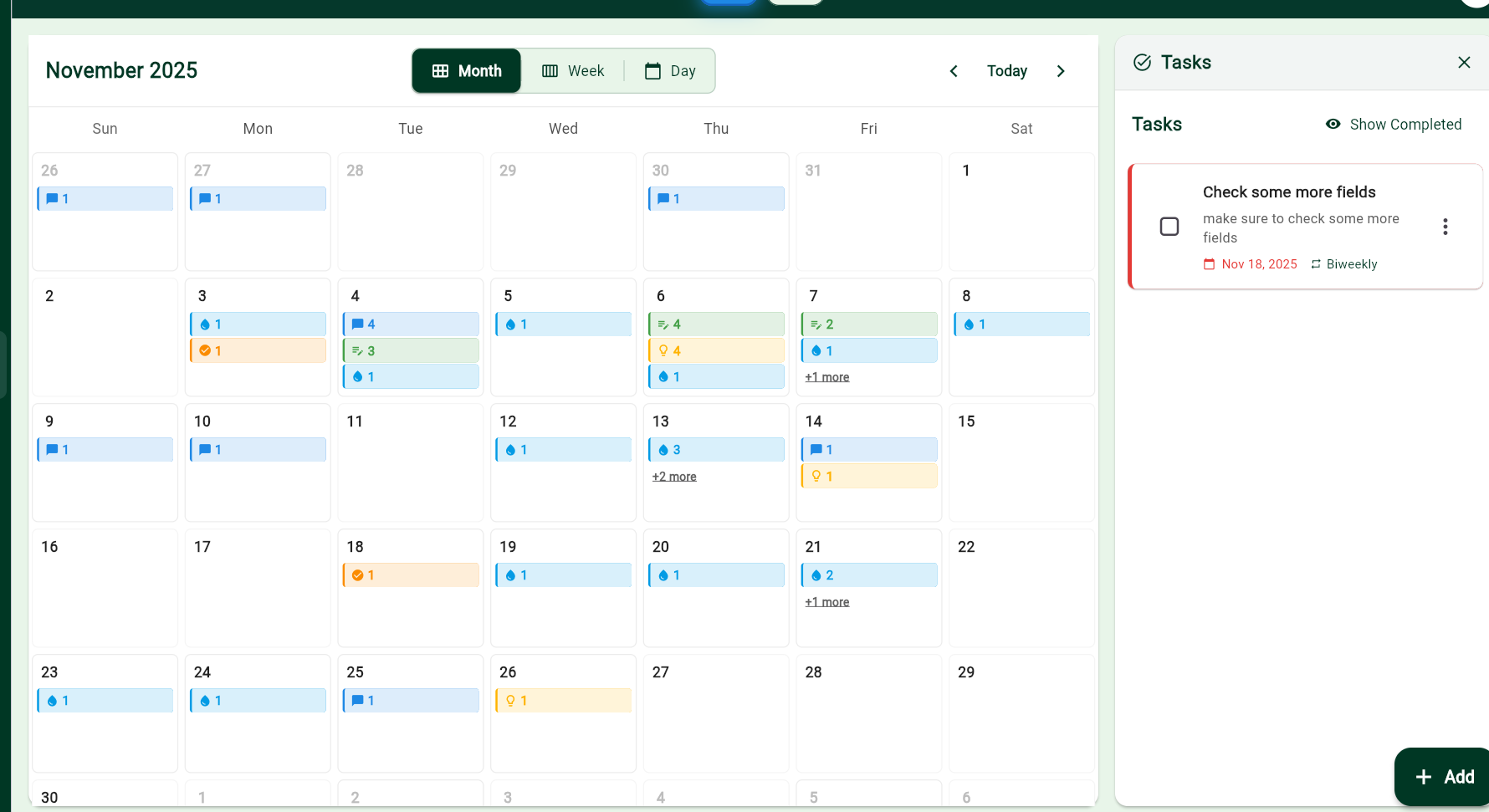 Calendar view showing events and activities