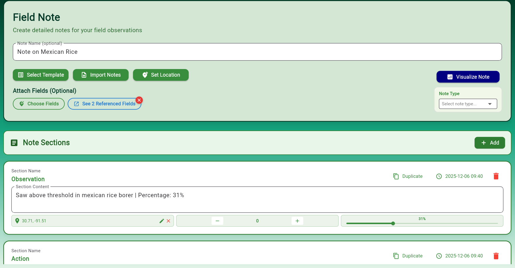 Field note creator interface