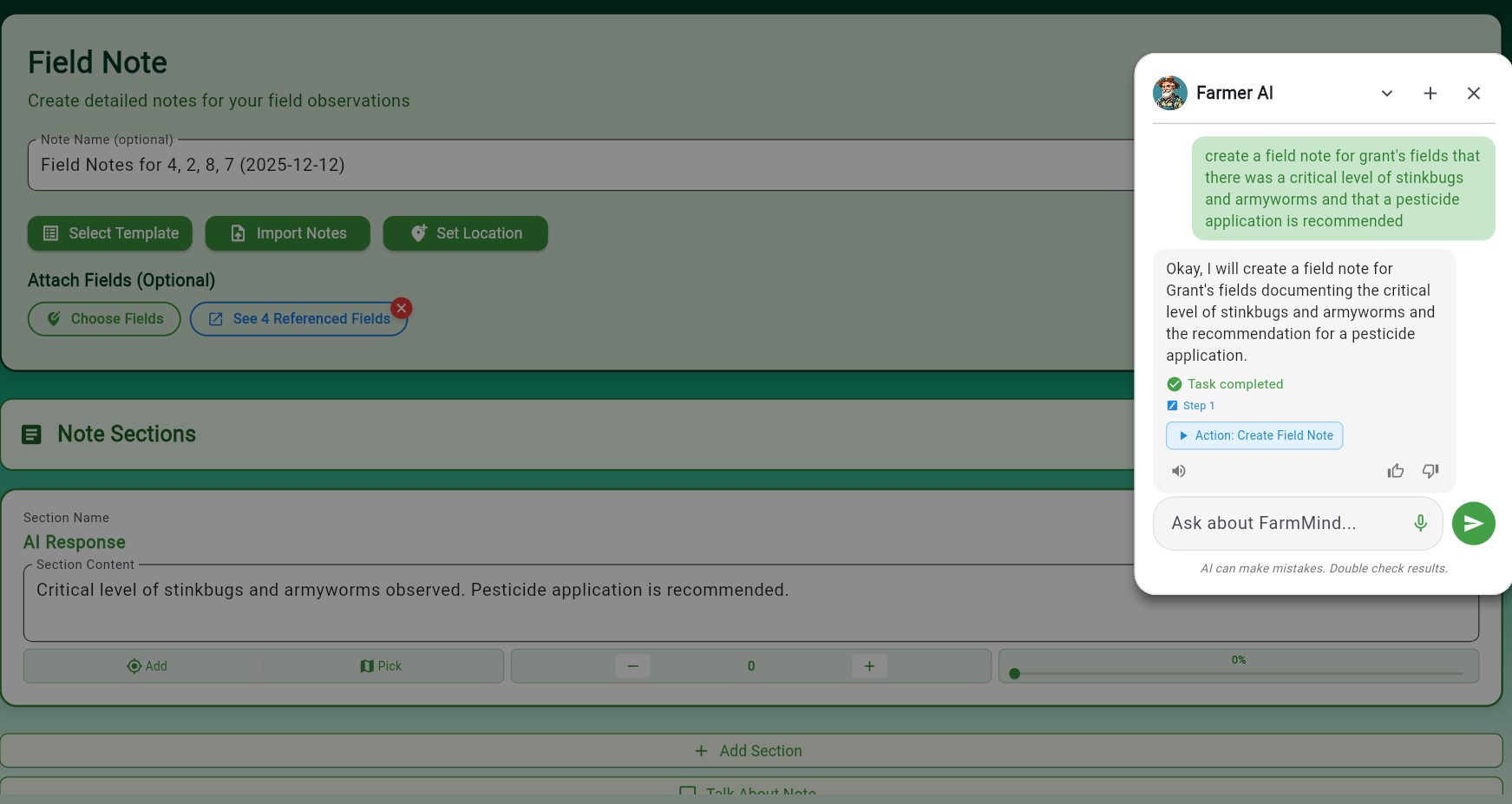Creating field note with Farmer AI