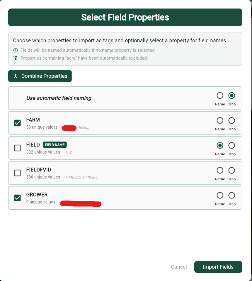 Field properties import dialog
