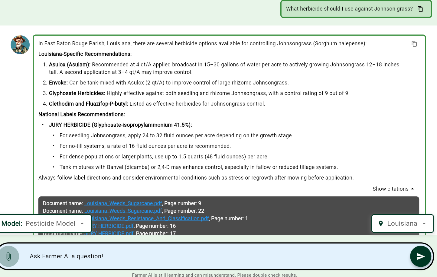 AI chat example with johnsongrass question