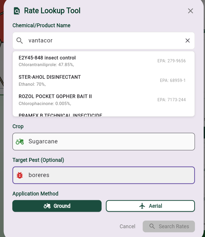 Rate lookup tool interface