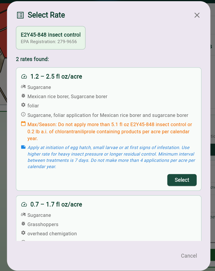 Returned pesticide rate results
