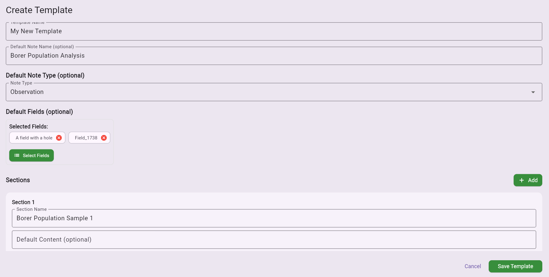 Template creator interface